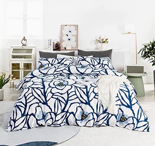 YuHeGuoJi Blue Floral Duvet Cover Queen 100% Cotton White Flower Duvet Cover Set 3 Pcs 1 Cute Botanical Leaves Print Duvet Cover with Zipper Ties 2 Pillowcases Soft Plant Bedding Breathable Durable