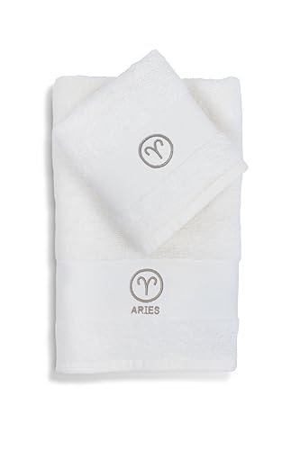 zer0bed Zodiac Zodiac Bath Towel Set, Set of 2, Face Towel, Guest Towel-Bidet, 100% Cotton, Plain with Embroidery, Aries