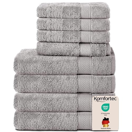 Komfortec Set of 8 Hand Towels 100% Cotton, 4 Bath Towels 70 x 140 cm and 4 Hand Towels 50 x 100 cm, Terry Clothing, Soft, Large, Silver