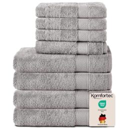 Komfortec Set of 8 Hand Towels 100% Cotton, 4 Bath Towels 70 x 140 cm and 4 Hand Towels 50 x 100 cm, Terry Clothing, Soft, Large, Silver