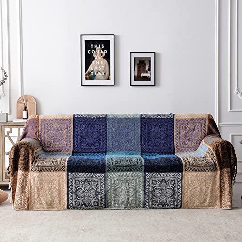 Edcooy Boho Throw Blanket, Chenille Jacquard Tassels Throw Blankets for Bed Couch Sofa Chair，Bohemian Decor Couch Cover (Purple, Large 86 * 102Inches)
