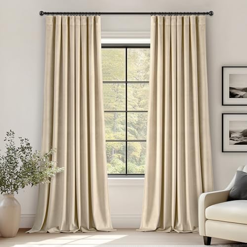 ANRODUO Beige Velvet Curtains 90 Inches Long Blackout Thermal Insulated Soundproof Curtain Privacy Room Darkening Curtains Pinch Pleat Window Drapes for Bedroom Living Room Set of 2
