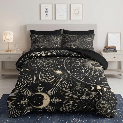 Pamnest Comforter Set Full Size, Sun Moon Astrology Bedding for Kids and Adults, Space Science Galaxy Retro Bed Sheet Sets with Fitted Sheet 2 Pillowcases & 2 Shams for Bedroom Bed Decor