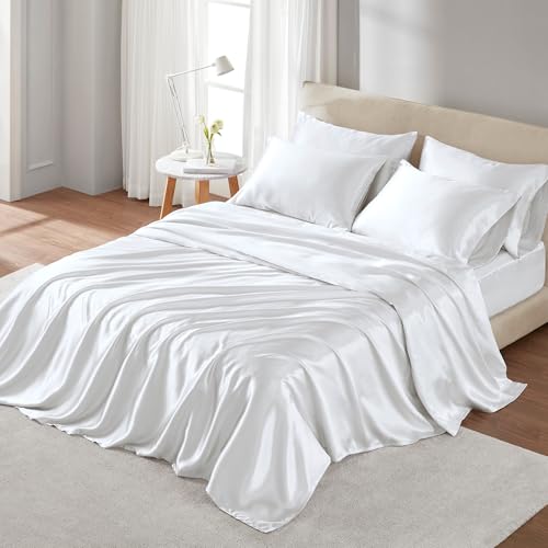 "Madison Park Essentials Satin Sheet Set Wrinle-Free Luxurious and Silky with Natural Sheen, Premium 16"" Deep Pocket, All Around Elastic - Year-Round Bedding, Full, White, 6 Piece"