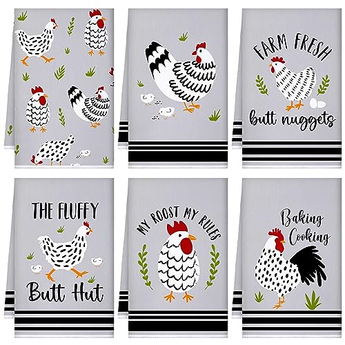 Boyiee Set of 6 Farm Chickens Kitchen Towels Farmhouse Absorbent Dish Tea Towels Rustic Country Rooster 24 x 16 Inches Gifts Chickens Hand Washcloth Gifts for Kitchen Bathroom Decorations