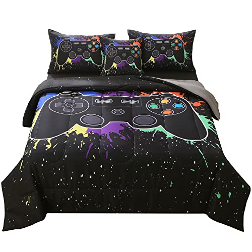 JQinHome Full/Queen Gamer Comforter Sets or Boys, 6 Piece Bed in A Bag 3D Video Game Bedding -All Season Soft Microfiber Gamer Bedding Sets, with Pillowcases, Flat Sheet, Fitted Sheet, Cushion Cover