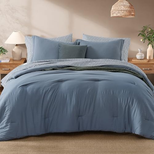 Monbix King Size Comforter Set- 7 Pieces Soft Bed in a Bag King Bedding Set - All Season Oxford Blue Prewashed Comforter with Sheets, Pillowcases & Shams