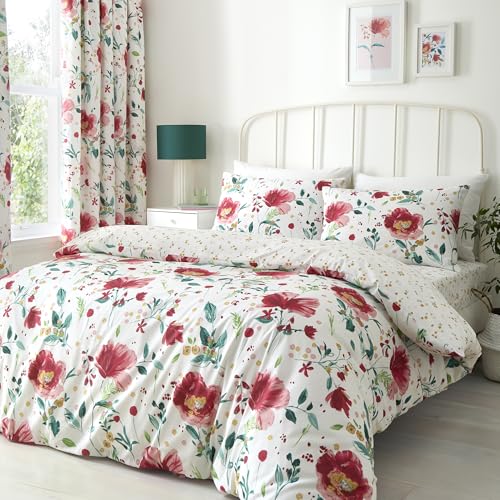 Dreams & Drapes Abstract Poppy Duvet Cover Set Super King 260 x 220cm – Polycotton Easy Care Floral Bedding, Reversible Modern Poppy Design with 2 Pillowcases, Red