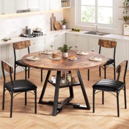 Jocoevol Round Dining Table and 4 Chairs Set of 4, Circle Dinner Table with Shelves, Space Saving Wood Kitchen & Dining Room Furniture (Vintage, 42 inch)