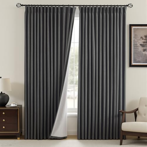 "YZ HOME Pinch Pleated Linen Curtains 100% Blackout 95 Inches Long for Living Room Bedroom, Memory Trained Thermal Insulated Room Darkening Window Drapes with Rings Hooks, 2 Panels, Grey, 40"" Wx95 L"
