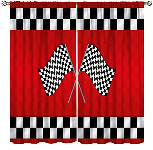 YCness Racing Car Kids Curtains, Boys Construction Vehicles Window Treatments for Boys Bedroom,Red Racing Flag Drapes 2 Panel Sets,42x45 Inch