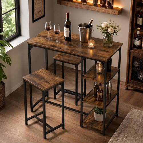FurnitureR Industrial Bar Table Set with Storage Shelves, Space-Saving Breakfast Bar Table and Stool, Rustic Brown Wood Top with Black Metal Frame for Kitchen, Dining Room, Home Bar