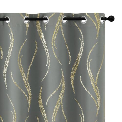 Yakamok Blackout Curtains 54 inch Length Living Room Thermal Insulated Gold Wave Line Dots Pattern Curtains Room Darkening Grommet Curtains for Bedroom, Grey, W42 x L54-inch, 2 Panels