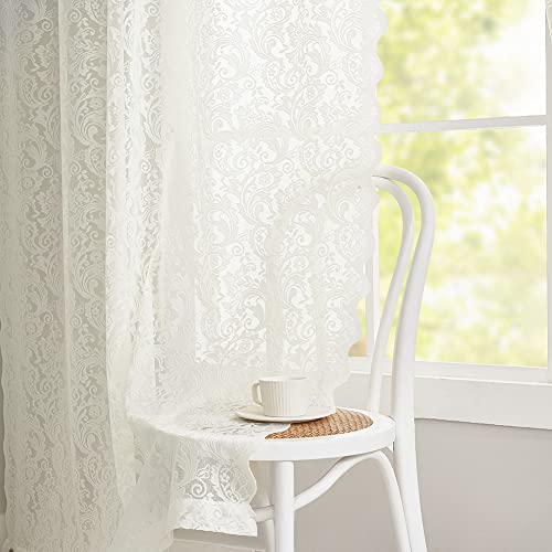 Ivory Lace Curtains 96 inches Long- Antique Country Lace Sheer Curtains Boho Style Paisley Floral Window Panel for Old Home Set of 2, 52 W x 96 L Ivory