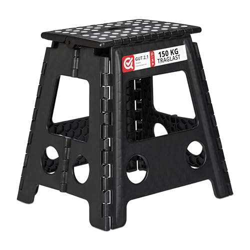 Relaxdays XL Folding Stool, Portable, Large Bathroom Step Stool, For up to 120 kg, Plastic, 39.5 cm Tall, Black