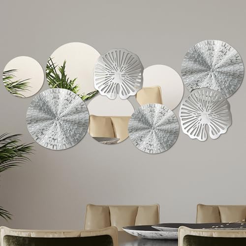 Hicarer 9 Pcs Wall Decor Circle Mirrors Metal Home Decor Wall Decorative Modern Round Accent Wall Art Sculpture Hanging Decorations for Living Room Office Bedroom Kitchen (Silver)