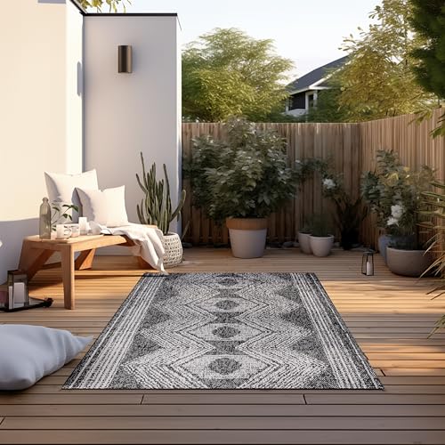 ELLE Decoration Indoor and Outdoor Rug Reversible Rug Weatherproof & Waterproof Modern Boho Ethnic Pattern Geometric Outdoor Rug for Garden, Balcony, Patio, Living Room – Black, 80 x 150 cm