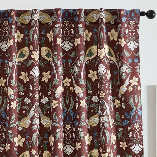 HLC.ME Florence Floral & Birds Patterned Window Back Tab Rod Pocket Print Curtains Bedroom - Light Blocking Darkening Window Panels, Set of 2 (Burgundy Red, 52 W x 84 L)