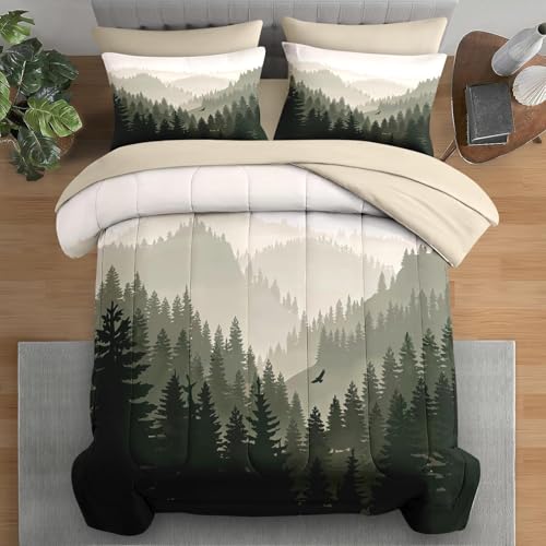 Pamnest Comforter Set King Size, Mountain Pine Tree 7 Pcs Bedding for Kids and Adults, Natural Forest Landscape Bed Sheet Sets with Fitted Sheet 2 Pillowcases & 2 Shams