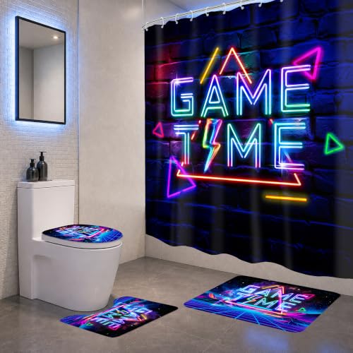 Kids Shower Curtain with Rugs Boys Kids Neon Game Gaming Cool Bathroom Sets - waterproof shower curtain,Bath Rug,Toilet Lid Cover,U Shape Mat