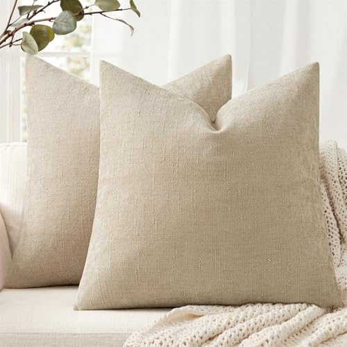 ANRODUO Pack of 2 Decorative Textured Throw Pillow Covers Soft Beige Euro Square Accent Solid Chenille Cushion Cover Cozy Farmhouse Pillow Case for Couch Sofa Bedroom Living Room Home Decor 26x26 Inch