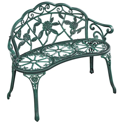 Yaheetech Garden Bench Outdoor Loveseat Metal Bench Outdoor Patio Furniture Seat with Rose Design, for Porch/Lawn/Yard, Green