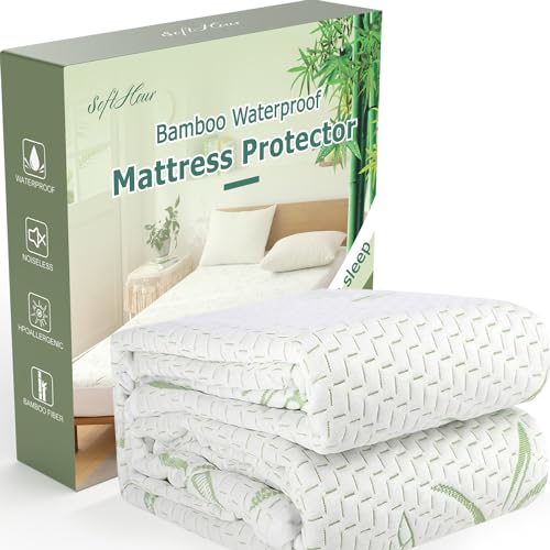 "California King Mattress Protector Waterproof Mattress Pad Washable Bamboo Rayon Mattress Cover Breathable Noiseless Bed Protector 5"" - 21'' Elastic Fitted Deep Pocket"