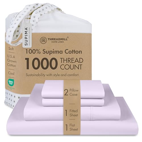 "Threadmill 1000 Thread Count Supima Cotton Queen Sheet Set, Sateen, Lilac - 100% Supima Cotton, Sateen Weave, 4-Piece Set, 17"" Deep Pocket, All-Around Elastic, Fade-Resistant, Hotel Quality"
