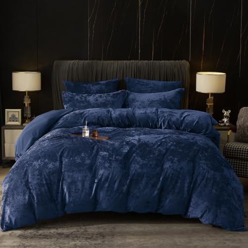 "PHF Truly Velvet Duvet Cover Set King Size, 3pcs Ultra Soft Breathable Comforter Cover Set, Luxury Cozy Flannel Duvet Cover with Pillow Shams Bedding Collection, 104"" x 90"", Navy"