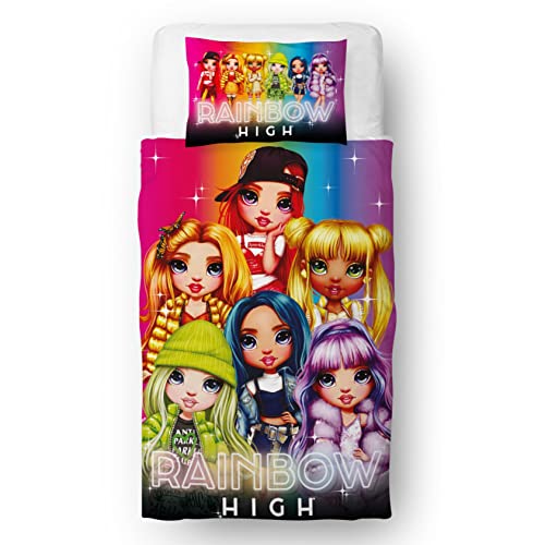 Rainbow High Officially Licensed Single Duvet Cover Set - Reversible 2 Sided Glow Rainbow Design with Matching Pillowcase, Soft and Durable Polycotton