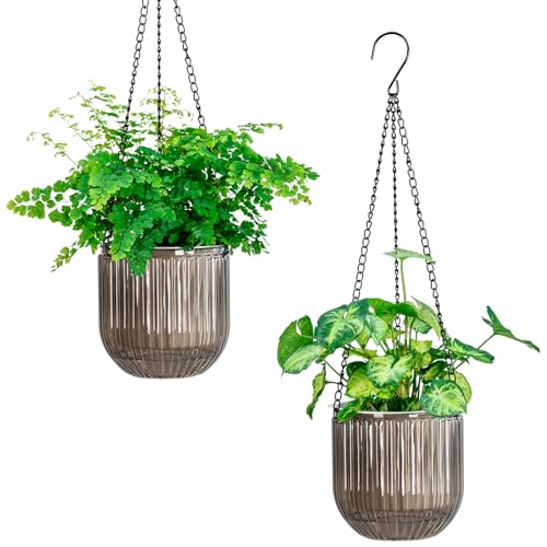 Melphoe 2 Pack Self Watering Hanging Planters Indoor Flower Pots, 5.3 Inch Outdoor Hanging Basket, Plant Hanger with 3Hooks Drainage Holes for Garden Home (Gray)