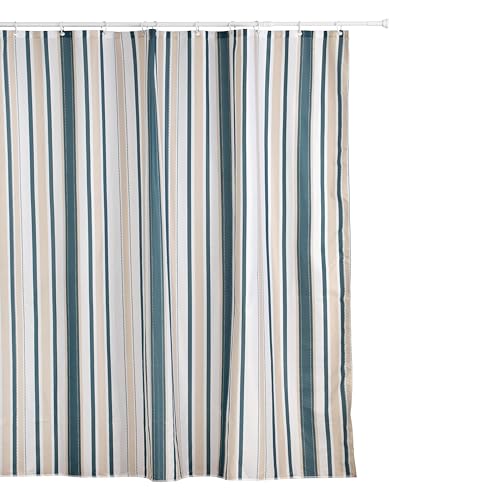 TATAY Fabric Shower Curtain 220 x 200 cm - Includes 16 Rings - Washable Shower Curtain with Modern Design - Durable Polyester Fabric - Timeless Model – White, Beige & Green
