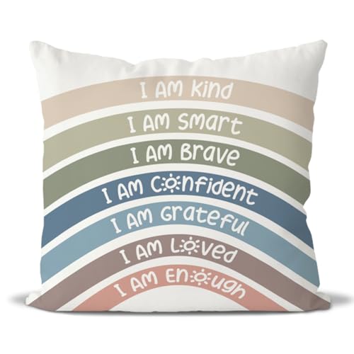 QIYUHOY Boho Rainbow Classroom Throw Pillow Covers, Book Center Calming Corner Playroom Decor Pillow Case, Purple Pillow Cover, I Am Kind Smart Brave Confidence 18x18 Inch Pillowcase(Rainbow 3)
