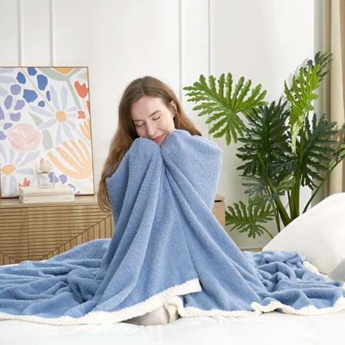 Snuggle Sac Blue Throw Blanket for Couch Bed Sofa 60x80 inches, Reversible Blue Blanket Microfiber Fluffy Fuzzy Cozy Knit Twin Blanket for Women Mothers Birthday Gifts