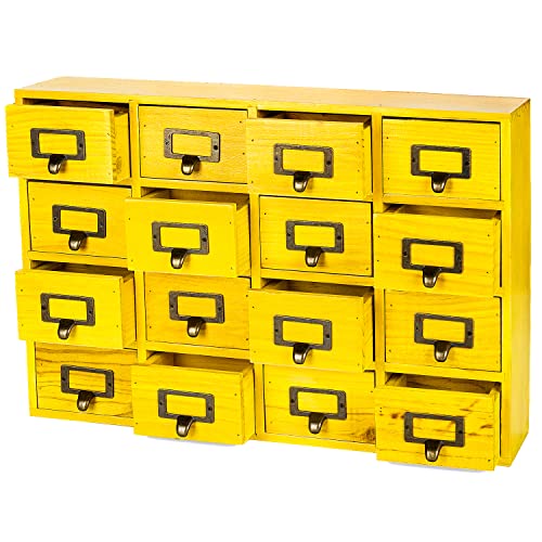 "Yellow 16-Slot Wooden Drawer Unit - Country Style Desk Organizer - 20""x3.6???x14??? Wooden Storage Box w/ 16 Drawers - Countertop Organizer Drawers w/Label Holder & Handle - Slim 4-Level Desk Organizer"