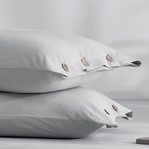 JELLYMONI 100% Washed Cotton Pillowcases, Standard, Button Closure - OEKO-TEX Certified, Pre-Shrunk, Natural Wrinkles, Linen-Look Texture for Everyday Bedding, Set of 2, 20 x 26 in