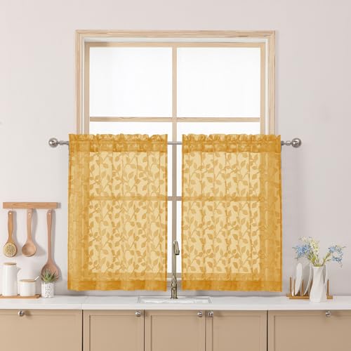 "Chyhomenyc Gold Sheer Curtains 30 Inch Length, Light Filtering Leaf Tufted Textured Small Window Kitchen Curtain Over Sink, Short Half Window Curtains for Bathroom Basement, 28"" Wx30 L, 2 Panels"