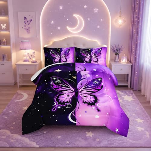 HOSIMA Butterfly Bedding Set Twin Size for Girls Princess Bedroom Decor,Symmetrical Aesthetics Butterfly Comforter,Black Purple Background Print Animal Bedding with Stars Pattern with 2 Pillowcases.