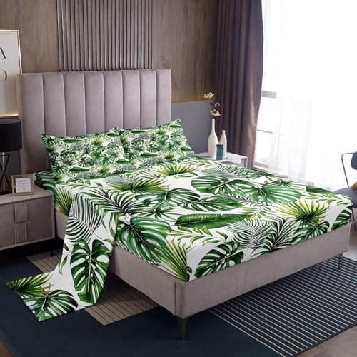 Erosebridal Palm Leaves Bed Sheets Hawaiian Sheet Set Monstera Banana Leaves Bedding Set Queen Size Summer Tropical Leaves Fitted Sheet for Living Room Bedroom Decor, Green White Flat Sheet