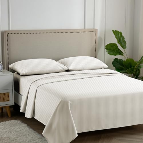 Carressa Linen Luxury Egyptian Cotton California King Stripe Sheet Set, 600 Thread Count Extra Long Staple 4 PC Set, Cal King Stripe Sheets, Soft, Cooling Striped Sheets 16 in Deep Pocket - Ivory