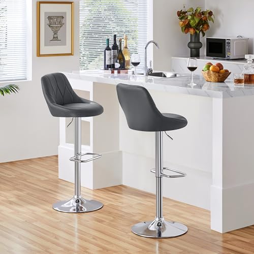 Yaheetech Modern Bar Stools Set of 2, Height Adjustable Swivel Chair with Backrest, Chrome Footrest for Breakfast Counter Home Kitchen, Dark Grey