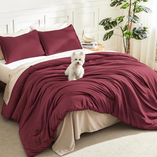Litanika Comforter Full Size Burgundy, 3 Pieces Lightweight Solid Bed Set - Soft Fluffy Down Alternative All Season Quilt Blanket