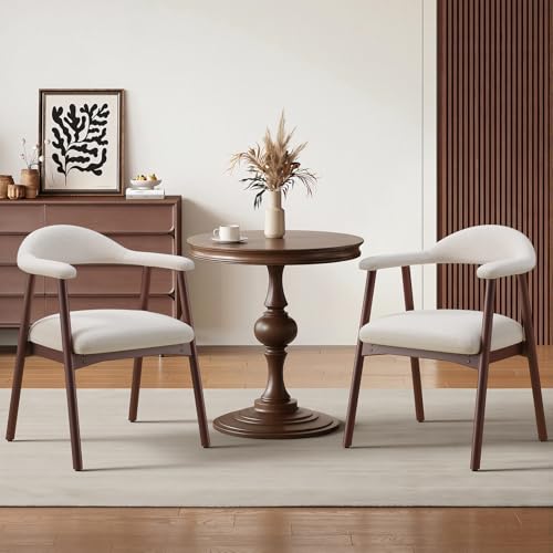 MALOL Wooden Dining Chairs Set of 2, Fabric Chairs for Dining Room with Armrest, Upholstered Kitchen Chairs with Curved Back and Wood Legs for Dining Room, Kitchen, Living Room, Beige