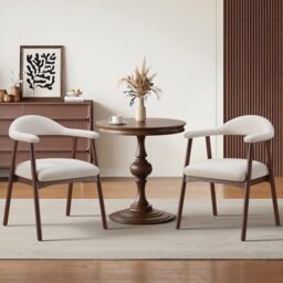 MALOL Wooden Dining Chairs Set of 2, Fabric Chairs for Dining Room with Armrest, Upholstered Kitchen Chairs with Curved Back and Wood Legs for Dining Room, Kitchen, Living Room, Beige