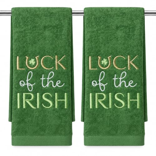 Serafina Home St. Patrick's Day Kitchen Hand Fingertip Towels, 100% Cotton Embroidered Shamrock Design, Green Towels with Luck of The Irish Design, Set of 2, 12 x 18 Inches