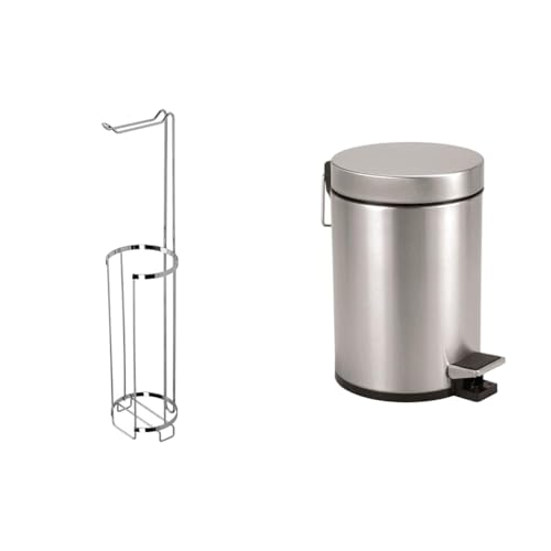 Croydex Free Standing Chrome Toilet Roll Holder, 5 Year Rust Free Guarantee, Silver & Axentia Cosmetic Bin Stainless Steel Matte Brushed & Rustproof Pedal Bin 3 L