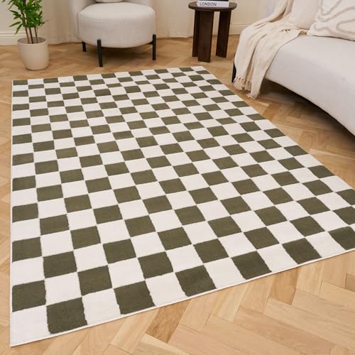 THE RUGS Living Room Rug, Loft Collection – Modern Textured 14mm Soft Pile Area Carpet, Non-Shedding & Easy Care [ Checkerboard Green, 120x170 cm]