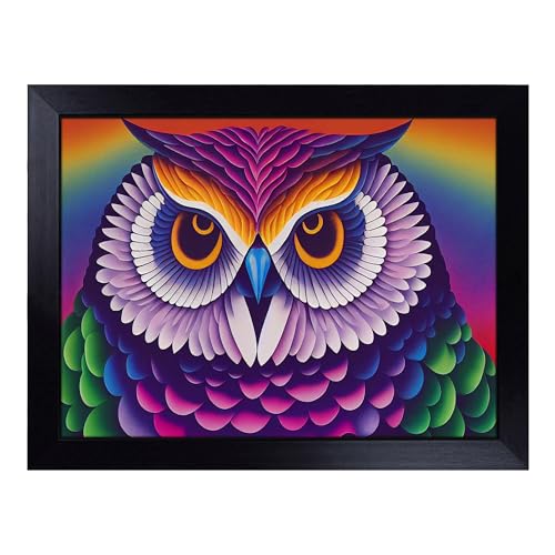 Lap Tray with Bean Bag Cushion, Colourful Owl Art - Handmade in the UK, Raised Wooden Edge, Padded Cushion, Heat-Resistant Wipe-Clean Surface, for Meals, Laptops and Crafts