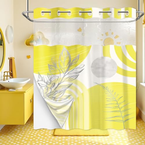 "Yieldeer Modern Hookless Shower Curtain with Snap in Liner, Boho Yellow and White Grey No Hook Shower Curtain and Liner Set, Ringless with Window Waterproof Cloth Fabric, 71"" W X 74"" L"