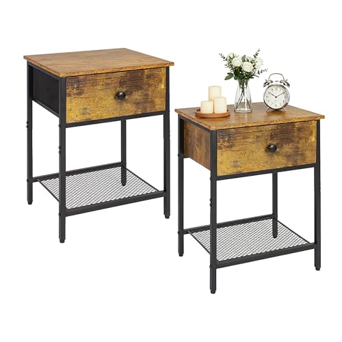 Relaxdays 2-Piece Bedside Table Set with Drawer & Shelf, Industrial Wood-Look, 55x40x30 cm, Dark Brown/Black